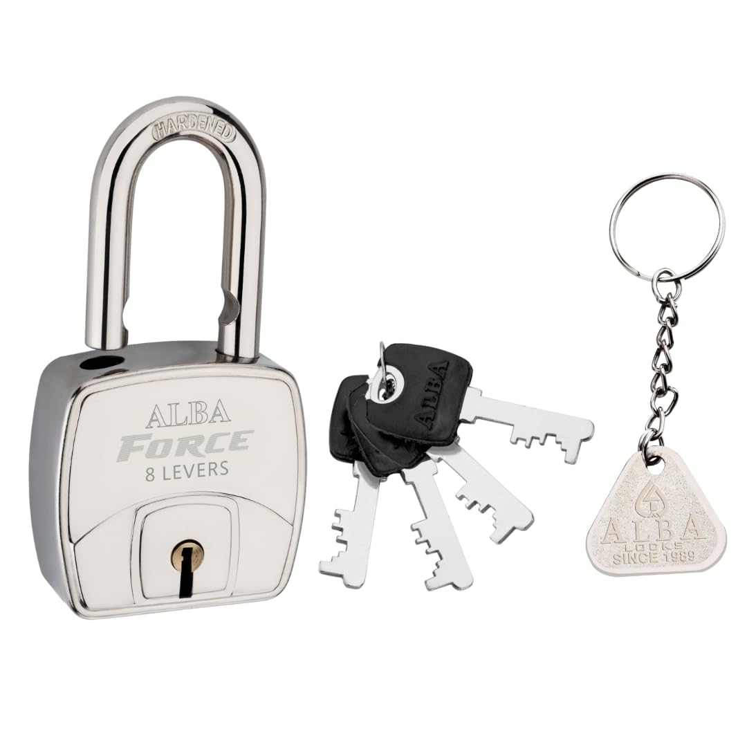 Alba Force Padlock 40mm for Main Door & Gate | Heavy Duty Lock for Shutters, Shops, Offices & Toolbox | Corrosion Resistant Shackle | Silver Finish | 5 Year Warranty | 4 Keys with Free Keychain-image-46
