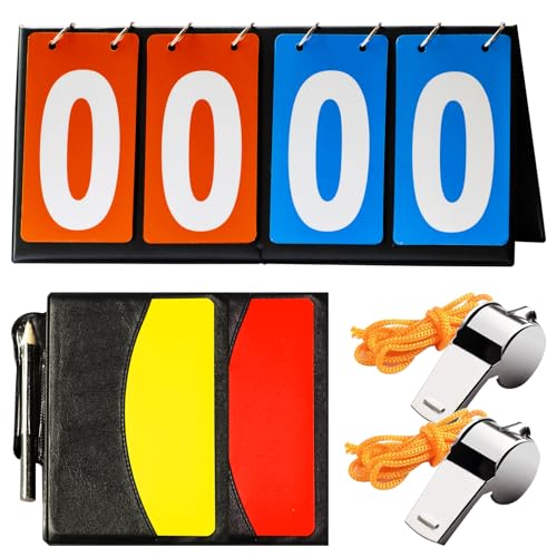 Yauhar 10Pcs Soccer Referee Kit Contain 4-Digital Portable Table Top Scoreboard Flipper, Stainless Steel Sports Whistles, Red Yellow Cards with Notebook for Football Soccer