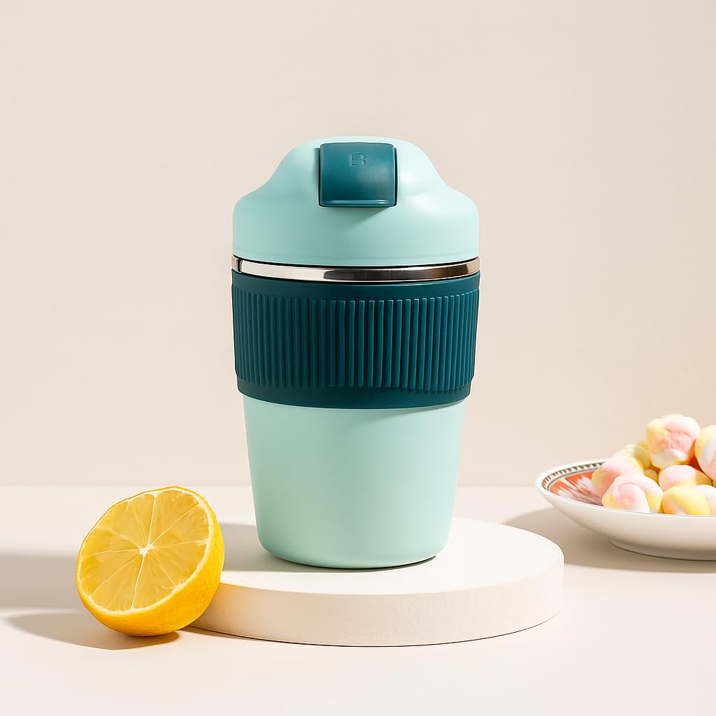 YELONA Macaroon 350 ML Double Wall Insulated Travel Coffee Tumbler Mug Sipper with 2in1 Flip Up Inbuilt Straw and Sip Lid, Leak Proof (Mint Blue)