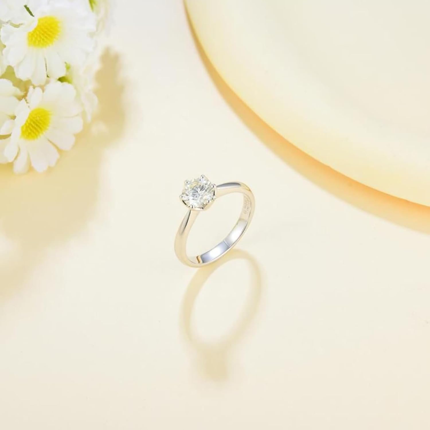 Engagement Ring 9K / 14K / 18K White Gold Womens, Solitaire 6 Prongs Round with 1ct Diamond, Women Promise Ring Silver