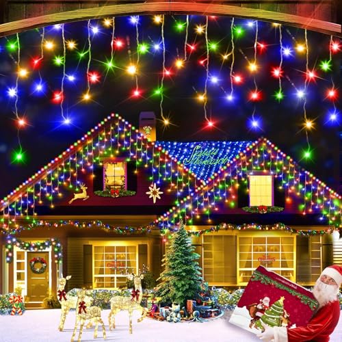 Cortina luminosa de Navidad, guirnalda luminosa al aire libre, interior, ventana, impermeable, luces de Navidad, decoración, boda, balcón, terraza, fiesta de noche, cumpleaños, 10 m (colorido)
