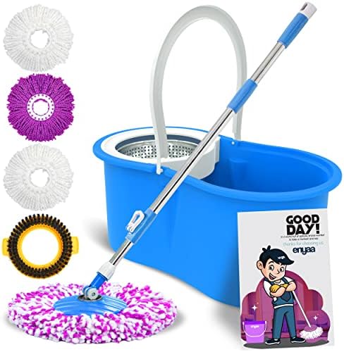 Enya Spin Mop and Buckets Sets, Microfibre Floor Mop and Buckets Sets with 4 Super Absorbent Reusable Mop Heads, 6L Mop Bucket with Stainless Steel Wringer, Spin Mop for Cleaning Floors  Blue