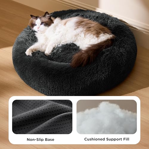 BEDSURE Hundebett waschbar Flauschiges Katzenbett - Ø 50 cm Donut Kissen, Katzenschlafplatz für Katzen Kleine Mittelgroße Hunde, Plüsch Katzenkissen Rund Kuschelbett Katzen Bettchen, Dunkelgrau
