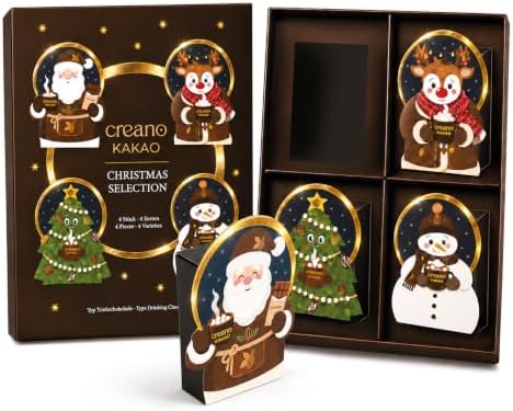 Creano® Gourmet Kakao-Geschenkset - niedliche Weihnachtsfiguren | 4x heiße Schokolade - originelle Geschenkidee für Kakaofans in den Sorten: Vollmilch, Haselnuss, Salty Karamel & V