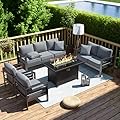 Amopatio Patio Furniture Set with Fire Pit Table, 8 Pcs Aluminum Outdoor Sectional Metal Modern Patio Sofa Sets, 44" Gas Fire Pit Conversation Set for Yard, Dark Grey(Included Waterproof Covers)