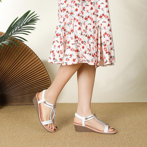 Image of Wedge Sandals for Women Dressy, Woman's Sandal Comfortable Low Wedges Heels Ankle Elastic Strap Sandles with Flower Rhinestones