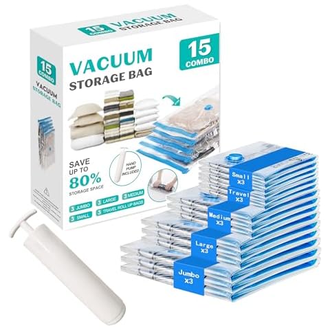 ZOESTORAGE 15 Pack Travel Vacuum Storage Bags with Hand Pump Cover