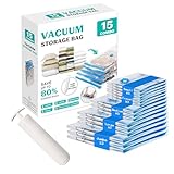 Vacuum Seal Bags for Clothing Travel, 15 Combo - Vacuum Storage Bags, Compression Bags for Travel, Blankets Luggage Clothes - Hand Pump Included（3 Jumbo, 3 Large, 3 Medium, 3 Small, 3 Roll Up Bags）