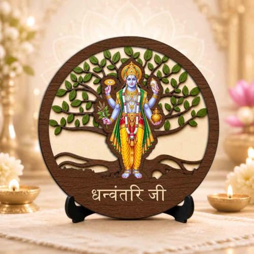 Image of Dhanvantari Ji Wooden Idol with Stand for Home Temple, Puja Room, Office Desk & Indoor Mandir Decor - 5x5 Inch