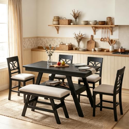 SOFTSEA Wood Counter Height Dining Set with Storage Shelf, 6-Piece Kitchen Table Set with Bench & 4 Chairs, Rustic Dining Room Table & Upholstered Chairs for Kitchen, Espresso