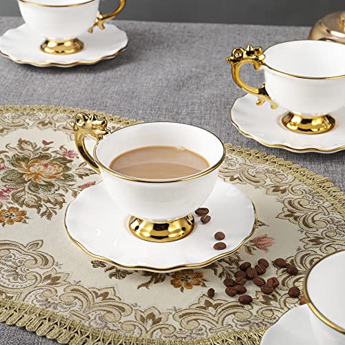 Foto von fanquare 15-Teilig Britisches Porzellan Teeservice, Königlich Geschenk Kaffeeservice Set, Weiße Teekanne, Zuckerschüssel, Tasse und Untertasse
