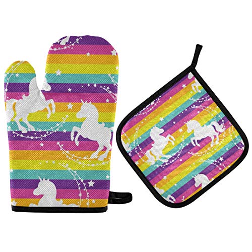Oven Mitts Pot Holders Sets - Unicorns Stars Rainbow Cooking Gloves Hot Pads Non-Slip Potholders For Kitchen Grilling Baking #TOP9