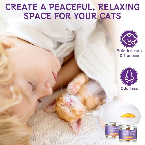 6-In-1 Katze Pheromon Beruhigende Diffusor, 2 Stecker + 4 Refills Pheromon Diffusor für Katzen, Angst lindern, Helfen, Kämpfe zu reduzieren, Sprühen & Kratzern, Drogenfrei & Geruchlos Sicher, 120 Tag
