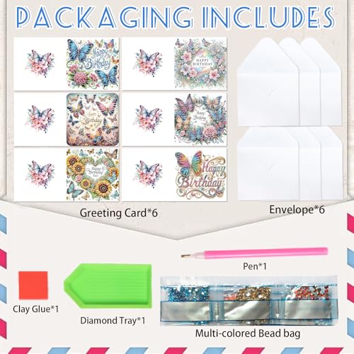 Image of 6 Pack Diamond Art Greeting Cards with Envelopes, DIY 5D Diamond Painting Birthday Card Kit with Butterflies and Flowers, 30x15cm Handmade Special Shaped Rhinestone Craft for Holiday and Birthday