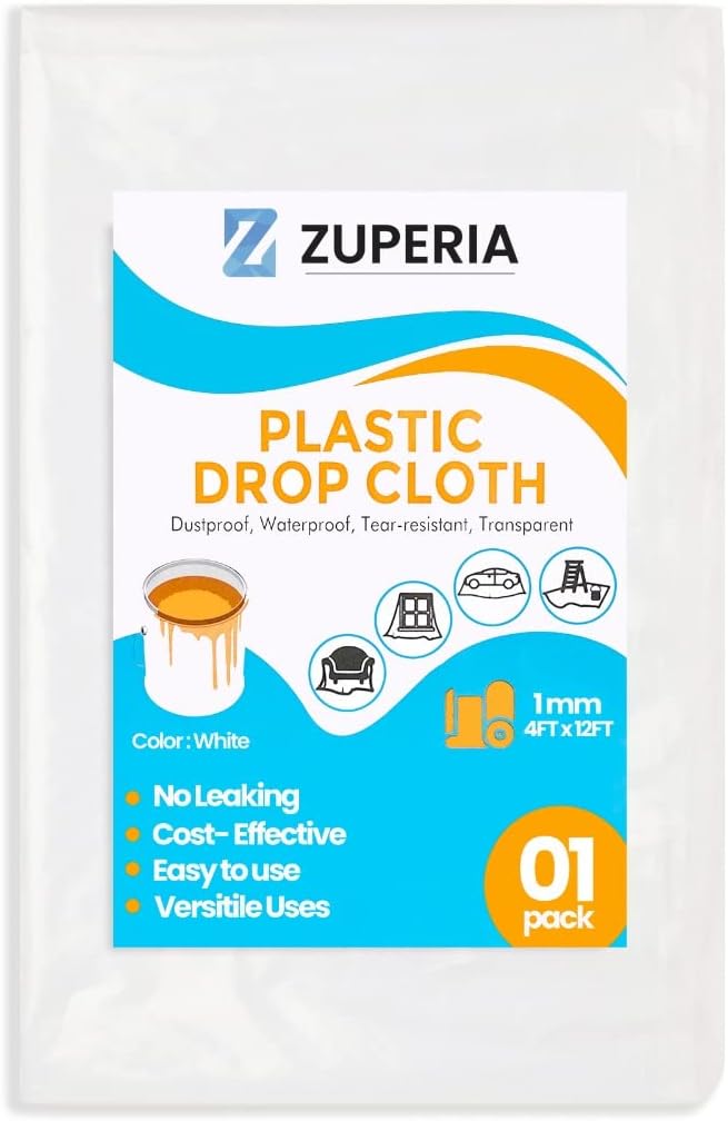 Zuperia Clear Plastic Sheeting Drop Cloths for Painting, 1mil, 1 Pack