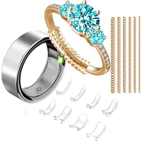 Ring Size Adjuster for Women Men with Loose Rings, 14-Pc 2-in-1 Tightener Kit with Gold Spiral Sizer & Clear Guard for Too Big Engagement Wedding Band, Inserts Reducers to Make Smaller 0.5-1.5