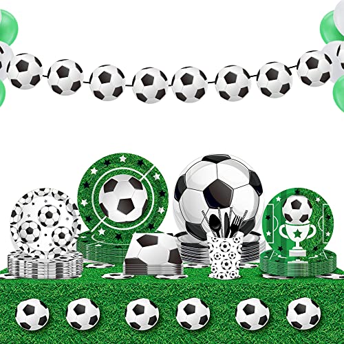Soccer Party Supplies Pack- Serves 16, Soccer Birthday 9" And 7" Disposable Paper Plates Napkins Knives Fork Spoon For Sports Theme Soccer Birthday Party Decorations #TOP7