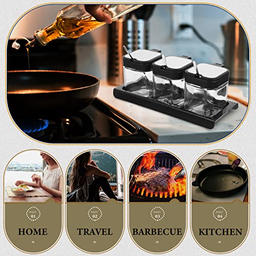 Callaron Coffee Bar Accessories Condiment Jar Set Glass Seasoning Box With And Tray Glass Sugar Bowls Canisters Pots Salt Container Set Of 3 For Kitchen Black Coffee Bar #TOP6