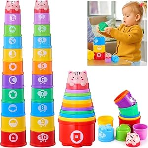 Stacking Cups Baby Toy Set, Nesting Stacking Toys for Toddlers 1-3 Montessori Toys for 1 Year Old Babies 6-12-18 Month Stackable Number Blocks Infant Sensory Bath Easter Basket Stuffers Gifts