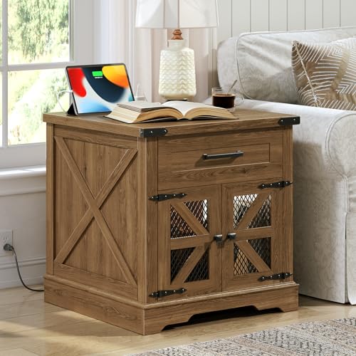 RALGEND Walnut Farmhouse End Table with Charging Station, 24" Large Sofa Side Table with Drawer, Large End Table for Living Room, Wooden Nightstand with Outlet, Square, Walnut