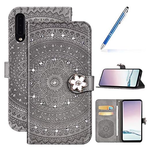 Robinsoni Fodral kompatibelt med Galaxy A50 Mobilfodral Plånbok Galaxy A50 Läder Telefonskydd Stötsäker Glansig Diamant Fodral Flip Notebook Stil Fodral Tung Väska Hårt Fodral Mandala Grå