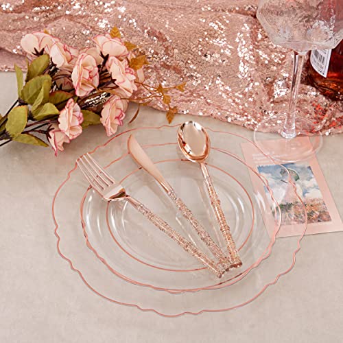 Liacere 150Pcs Rose Gold Plastic Plates - Clear Rose Gold Disposable Plates With Glitter Bamboo Handle Cutlery - 60 Baroque Elegant Plates, 30 Forks, 30 Spoons, 30 Knives For Wedding & Party #TOP2