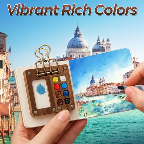 Joyzan Mini Watercolor Travel Paint Set, Portable Water Color Painting Pocket Kit Artist Watercolour 12 Colors 8 Grids Palette Binder Clips Sketchbook Pens Painter Beginner Sketchers Outdoor Student by Joyzan - Image 5