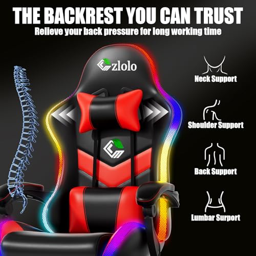 Image of Czlolo Gaming Chair, RGB LED Lights Computer Chair with Footrest, Lumbar Support Massager Gamer Chair, High Back, 90-135 Reclining, Linkage Armrests, Crimson