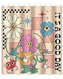 Mocsicka 70s Retro Shower Curtain for Girls Groovy Funny Floral Shower Curtain with 12 Hooks White Blue Flower Stars Music Waterproof Fabric Vintage Bathroom Decor (Beige, 72''x 72'')