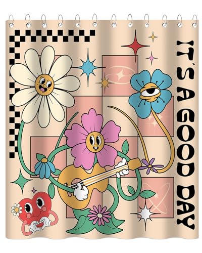 Mocsicka 70s Retro Shower Curtain for Girls Groovy Funny Floral Shower Curtain with 12 Hooks White Blue Flower Stars Music Waterproof Fabric Vintage Bathroom Decor (Beige, 72''x 72'')