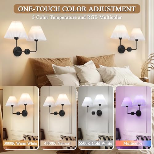 Image of Double Light Battery Operated Wireless Wall Sconces with White Pleated Fabric lampshade, 2-Light Antique Brass Sconce for Bathroom Vanity Hallway Stairway Living Room (Gold & Black)