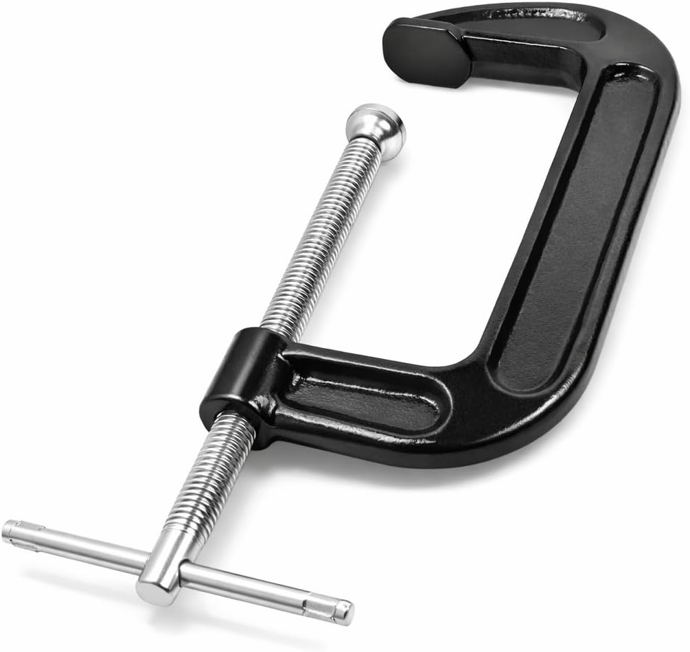 6-Inch Malleable Iron C-Clamp, Swivel jaw, Chrome plated screw bolt with T-Handle, Black powder coating - 836141