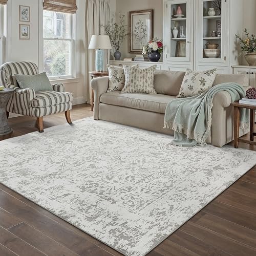 5x7 Fluffy Area Rug Grey Shag Neutral Throw Carpet for Living Room Soft Medium Pile Floral Throw Rug for Bedroom Dorm Office Dining Room Kitchen Moder