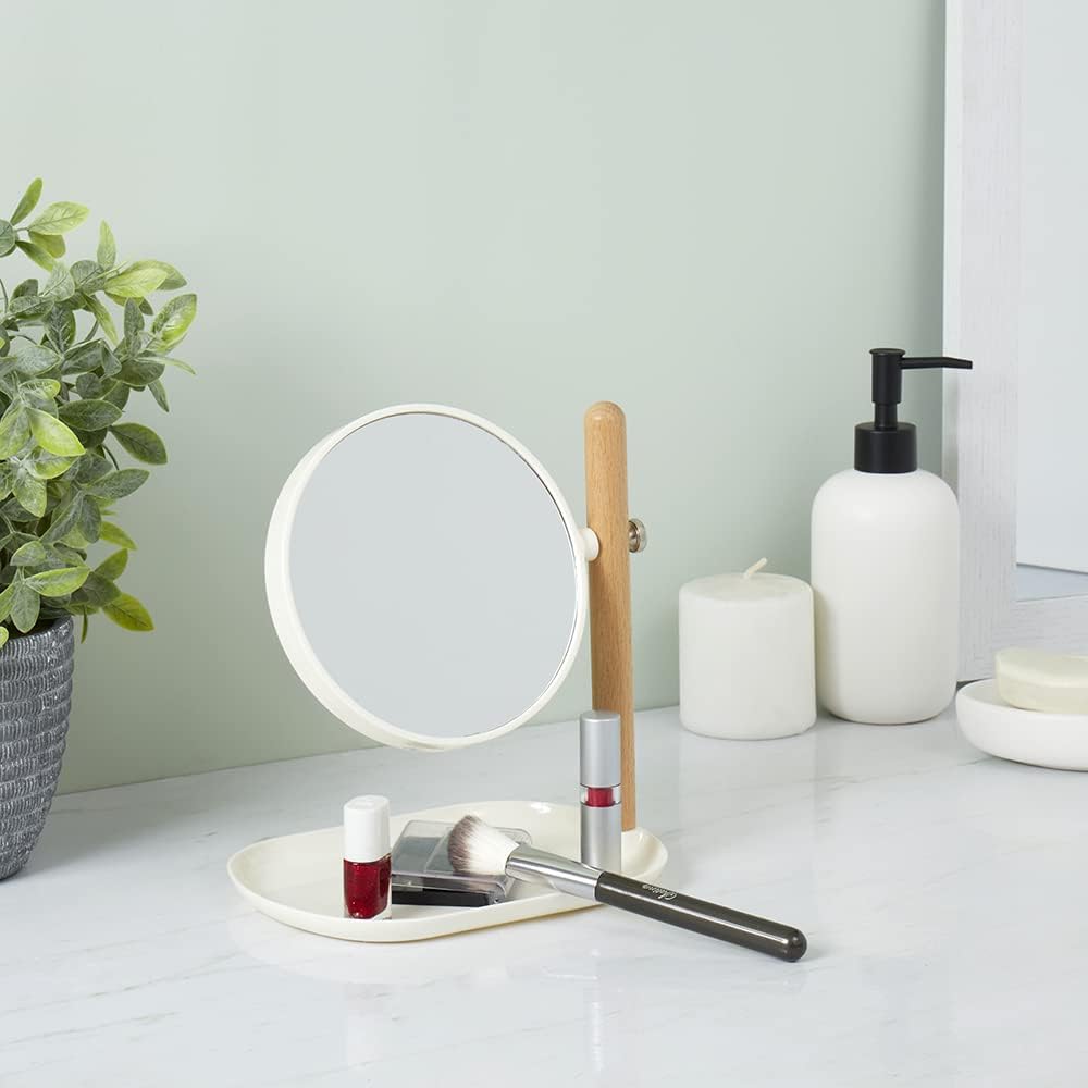 Home Basics Cosmetic Mirror with Tray, (2X Magnification), Ivory | Easily Flip Mirror for Magnified View | Neutral Detailing for All Bathroom Decor | Round Shape is Perfect for Putting on Make Up