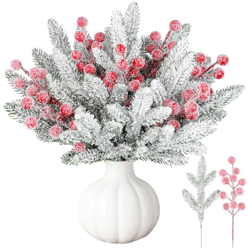 YIYA 30 Pezzi di Rami di Pino Artificiali con Innevato Rami di Abete Finto per Decorazioni Natalizie per Decorazioni Casa Ghirlande Fabbricazione e Vaso e DIY Artigianato di Festa
