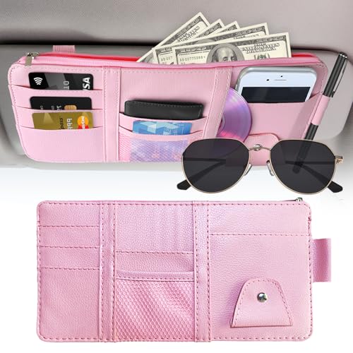 Kitnish Sun Visor Organizer (Pink),Car Visor Storage Holder for Sunglasses, Documents, Cards & Pen,Zipper Pocket,Fits Sedans, Trucks, SUVs,Auto Interior Accessory