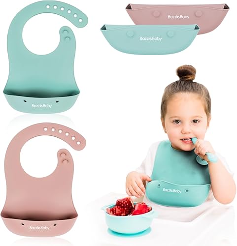 Baberos de silicona para bebés con recogedor de alimentos, impermeables, enrollables y botones. Babero de silicona extra grueso para niños pequeños,