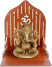 Wall-Mounted Wooden Pooja Shelf with Om Symbol, Vertical Slits, and Decorative Side Panels – Compact and Functional for Devotional Spaces