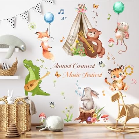 Animal Wall Decals Peel and Stick Bear Crocodile Wall Sticker Removable Flower Butterfly Wall Decal Music Wall Stickers for Bedroom Nursery Classroom Cover