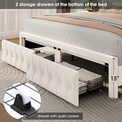 Queen Bed Frame 55\" Tall Headboard with LED Lights, Buttons Tufted Velvet Upholstered Platform Bed Frame with 2 Storage Drawers, Wood Slats Support Mattress Foundation, No Box Spring Needed, Beige - Thumbnail 4