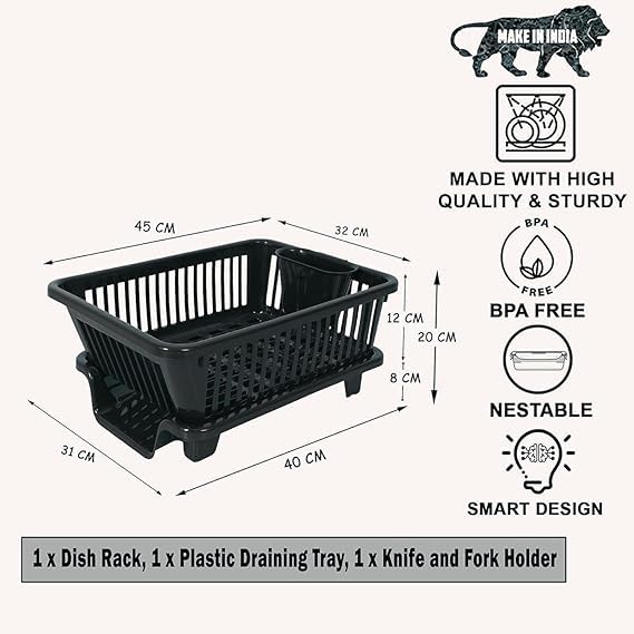 Image of Dish Rack, 3 in 1 Large Plastic Drainer Drying Rack Washing Basket with Tray, Utensil and Cutlery Organiser