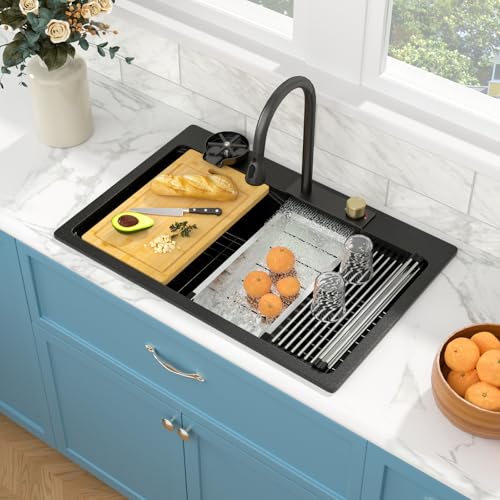 Sarlai Waterfall Kitchen Sink - Granite Composite Black Kitchen Sink 33 Inch Drop In Topmount Workstation Granite Matte Black Quartz Single Bowl Multifunction Sinks with Waterfall by Sarlai - Used condition - US$241.64