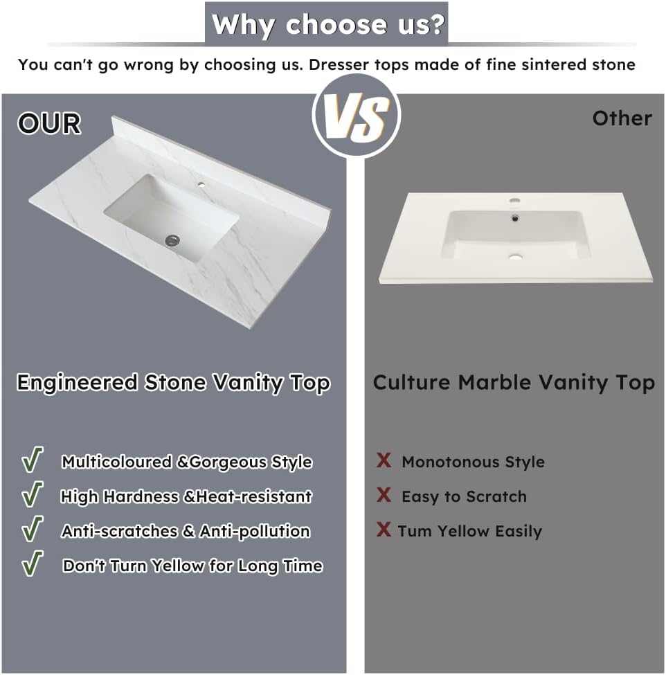 43''W x 22''D Vanity Top, Marble Quartz Bathroom Sink Vanity Top, Sintered Stone Bathroom Vanity with Undermount Ceramic Sink, Bathroom Vanity Sink Countertop, 1 Faucet Hole, White Grey Carra