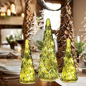 Christmas Decorations Indoor YEAHOME Set of 3 Pre lit Green Glass Christmas Tree for Home Decor Christmas Table Decorations Lighted Xmas Tree with Timer for Living Room Mantel Tabletop Party