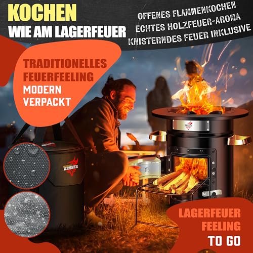 Foto von KESSER® Raketenofen mit Grillpfanne aus Gusseisen | inkl. Grillzange & Tragetasche | Dutch Oven 6 integrierte Spikes | BBQ Rakete Holzofen | Camping Outdoor-Campingkocher | Campinggrill Edelstahl