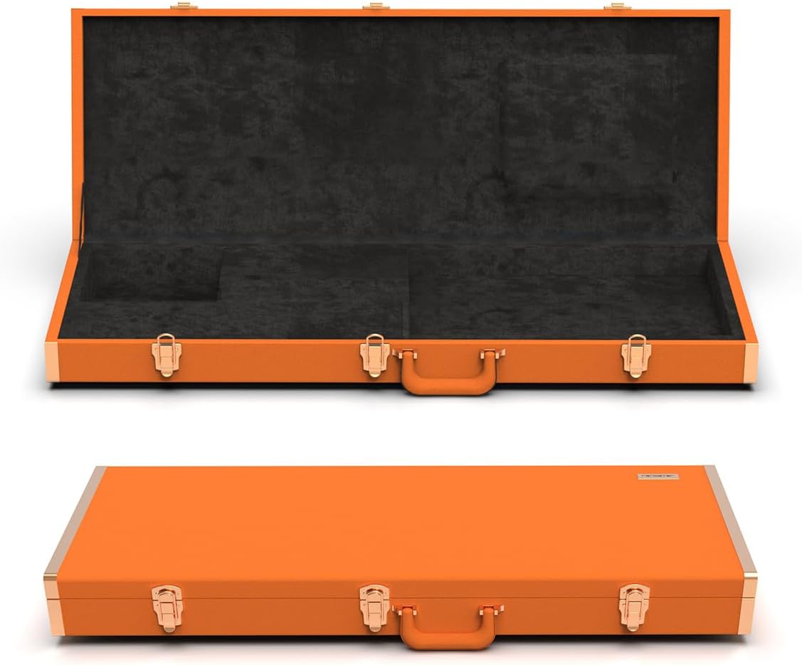 Renoster Electric Guitar Hard Case with Lock, For Fender Ibanez ESP PRS and Standard Size Guitar, Interior Accessory Compartment (Guitar Case+Stand+String+Cable+Picks, Orange-Guitar)