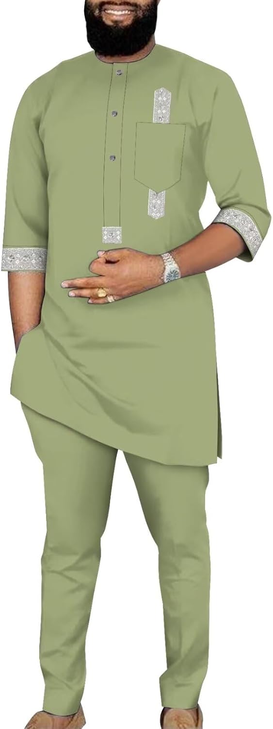 African Suits for Men Wedding 2 Piece Dashiki Oufits Mens African Formal Attire 3/4 Sleeve Applique Nigerian Clothes