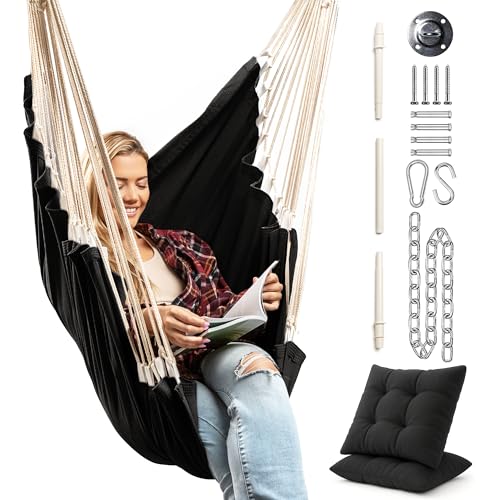 Image of Hanging Hammock Chair Swing - Hanging Chair Outdoor & Indoor - Hammock Swing Chair - Quick & Easy Setup with Hardware Kit - Durable & Spacious Full Body Support with 2 Plush Cushions - Holds 440 Lbs