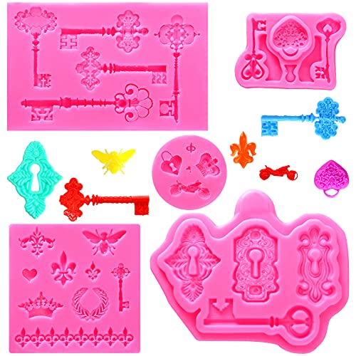 5 Pieces Key Shaped Fondant Mold Vintage Key Cake Silicone Keyhole Silicone Mold for DIY Cake Topper Sugar Chocolate Cookies Polymer Clay and Crafting Project Decoration
