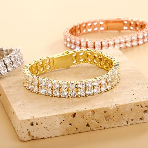 JINAO 2 Row Tennis Bracelet Iced Out Bling Cubic Zirconia Lab Simulated Diamond Bracelet14K Gold Plated Wrist Chain Hip Hop Jewelry for Men Women3